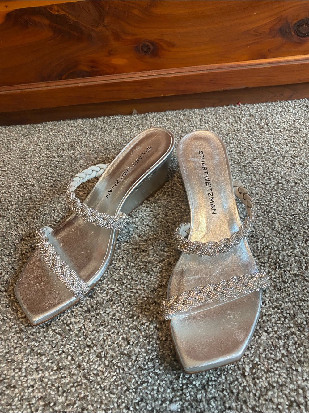 Stuart Weitzman Silver Braided-Strap Wedge Sandals